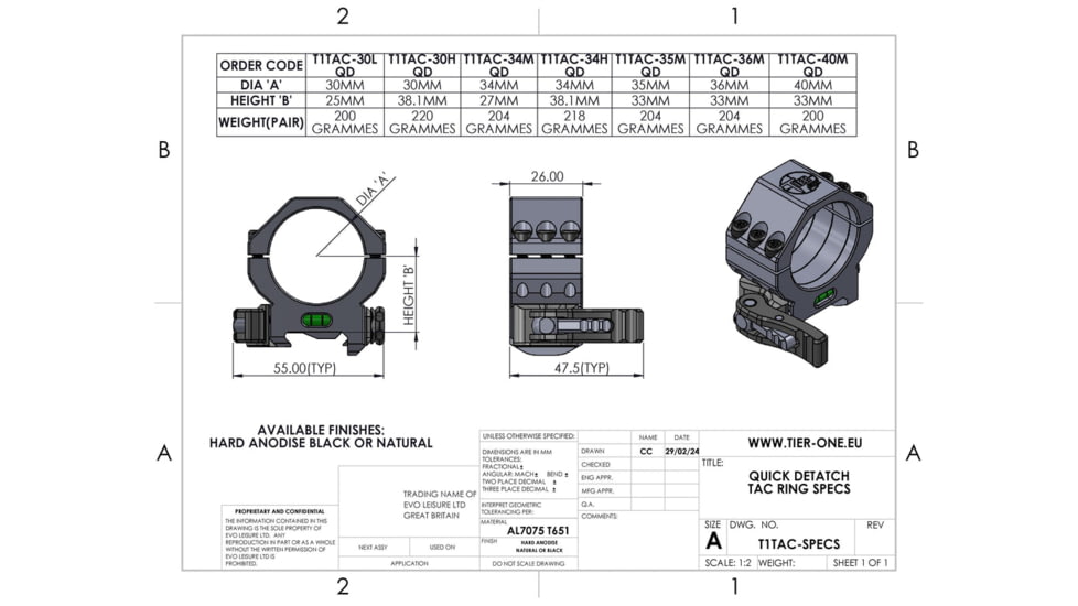 Tier One Tactical Rings QD - 36mm Medium, Black, T1TAC36MQD