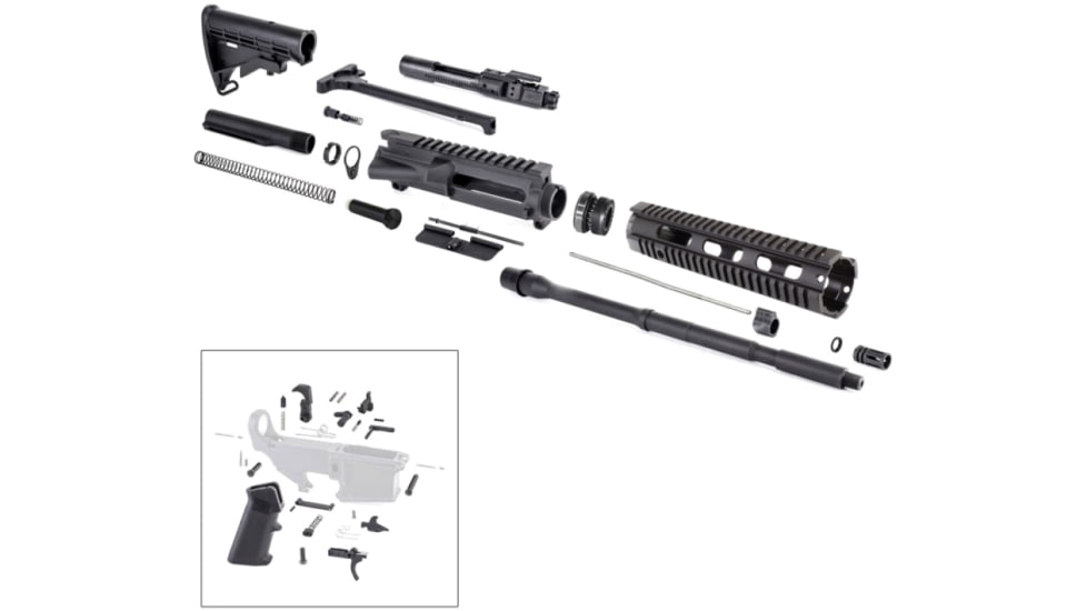 Tiger Rock AR-15 Rifle Build Kit BCG LPK and Stock Kit, 5.56mm, 17in, 16in Barrel, M4, A2/Government, Carbine, 1x8 Twist, 1/2x28 Thread, 10in Quad Rail Handguard, Brake, Nitride, Anodized, Black, RK15-FAR10-NL