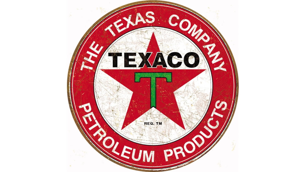 Tin Signs Texaco Filling Station, 11.75in Diameter, Reproduced From Authentic, Vintage Advertising, Rich Vibrant Colors And Heavy Embossing Make These Wonderful For Decorating, 1926
