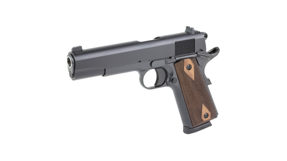 Tisas USA 1911A1 Stakeout, Single Action Only, Semi-automatic, Metal Frame Pistol, Full Size, 45ACP, 5 in Barrel, Tenifer QPQ Finish, Black, Checkered Wood Grips, Brass Bead Front Sight, Round Hammer, 8 Rounds, 2 Magazines, 10100516