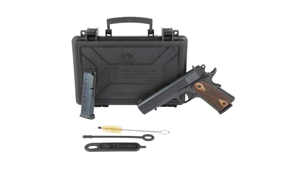 Tisas USA 1911A1 Stakeout, Single Action Only, Semi-automatic, Metal Frame Pistol, Full Size, 45ACP, 5 in Barrel, Tenifer QPQ Finish, Black, Checkered Wood Grips, Brass Bead Front Sight, Round Hammer, 8 Rounds, 2 Magazines, 10100516