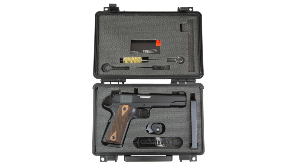 Tisas USA 1911A1 Stakeout, Single Action Only, Semi-automatic, Metal Frame Pistol, Full Size, 45ACP, 5 in Barrel, Tenifer QPQ Finish, Black, Checkered Wood Grips, Brass Bead Front Sight, Round Hammer, 8 Rounds, 2 Magazines, 10100516