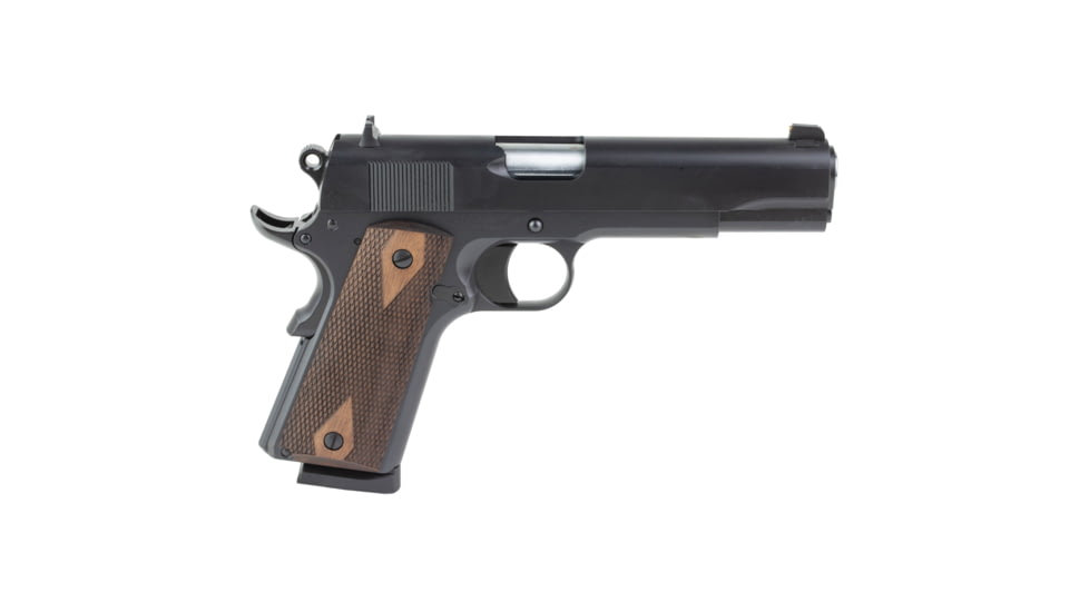 Tisas USA 1911A1 Stakeout, Single Action Only, Semi-automatic, Metal Frame Pistol, Full Size, 45ACP, 5 in Barrel, Tenifer QPQ Finish, Black, Checkered Wood Grips, Brass Bead Front Sight, Round Hammer, 8 Rounds, 2 Magazines, 10100516