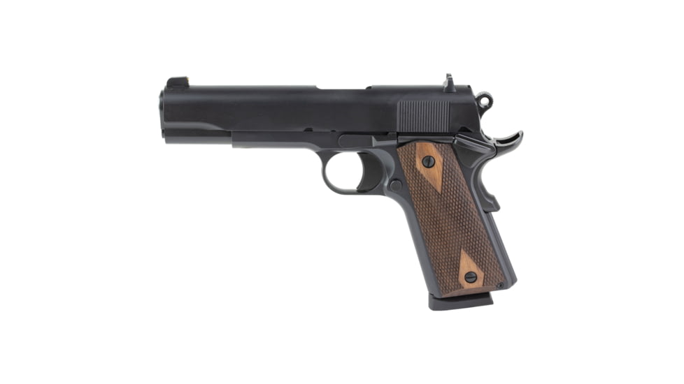 Tisas USA 1911A1 Stakeout, Single Action Only, Semi-automatic, Metal Frame Pistol, Full Size, 45ACP, 5 in Barrel, Tenifer QPQ Finish, Black, Checkered Wood Grips, Brass Bead Front Sight, Round Hammer, 8 Rounds, 2 Magazines, 10100516