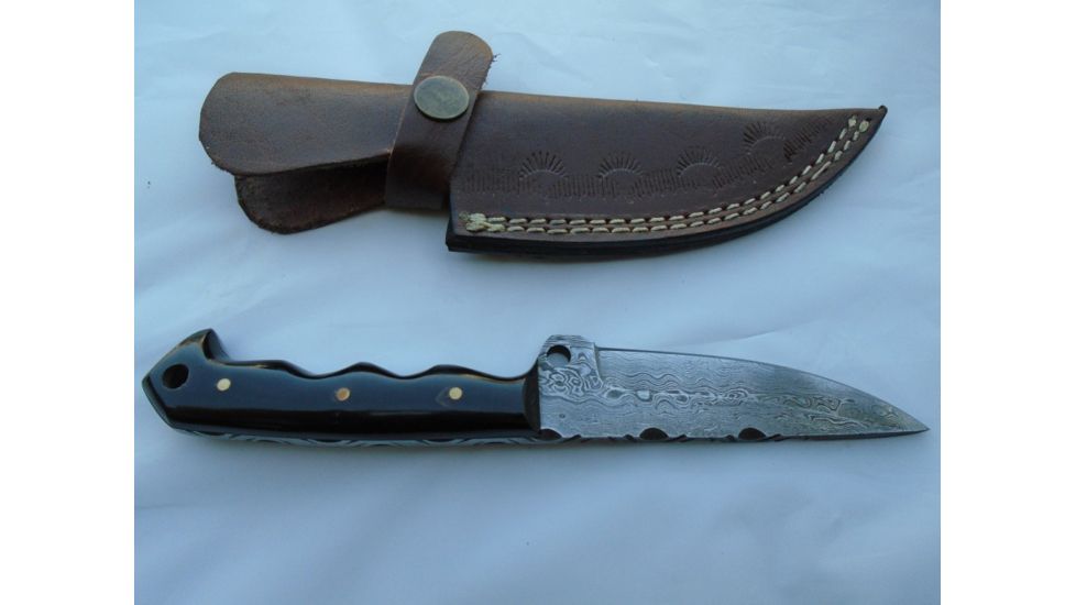 Titan 15N20/1095 Damascus Steel Fixed Knife, TD-028, Bull Horn Skinny Handle, 4in. Blade, 8in. Overall TDK-28