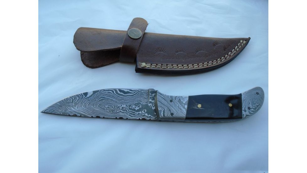 Titan 15N20/1095 Damascus Steel Fixed Knife, TD-050, Bull Horn, Bolster Damascus Handle, 4in. Blade TDK-50