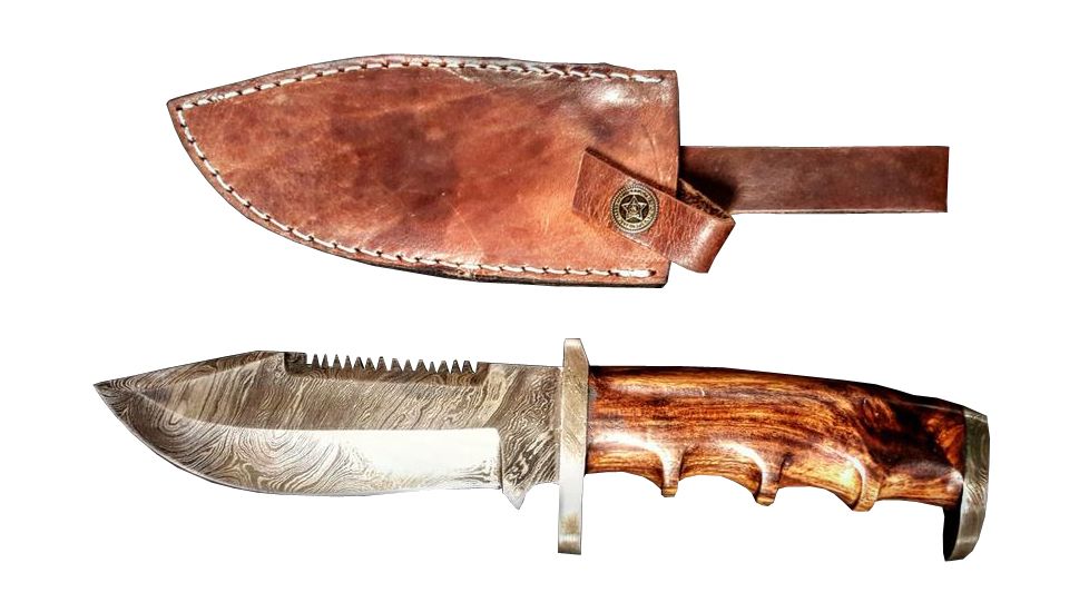 Titan Damascus Fixed Blade Knives, Overall Length - 12.5 in, Blade Length - 6 in, Handle Material - Black Burl Walnut, Bolster Damascus Steel TD -105