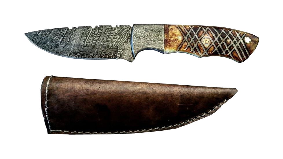 Titan Damascus Fixed Blade Knives, Overall Length - 8.6 in, Blade Length - 4.2 in, Handle Material - Burnt Camel Bone TD -092