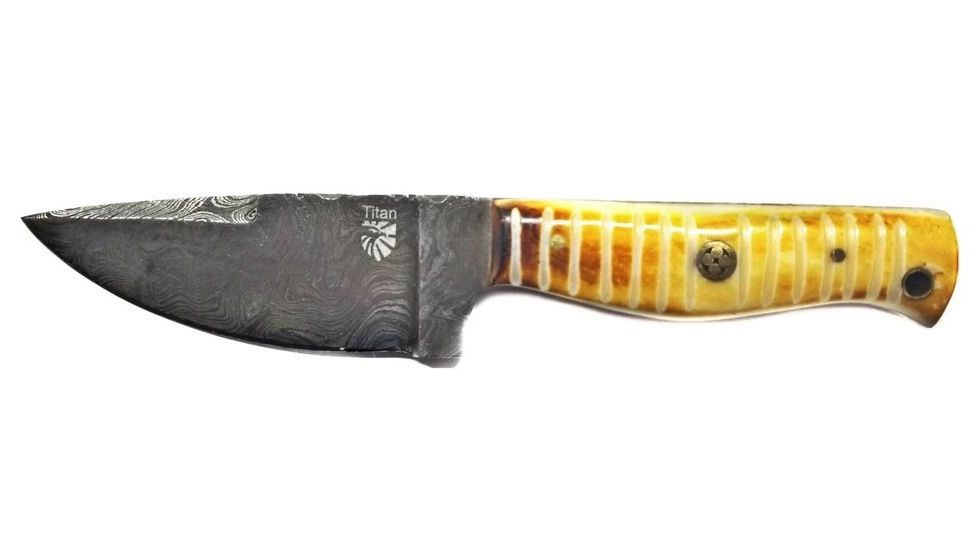 Titan International Knives 7.4in Hunter Knife Custom Hand Made Forged Damascus Steel Hunting Bowie Knife Burnt Bone Handle w/ Leather Sheath, 3.8in Blade, 7.3in, TDK-203
