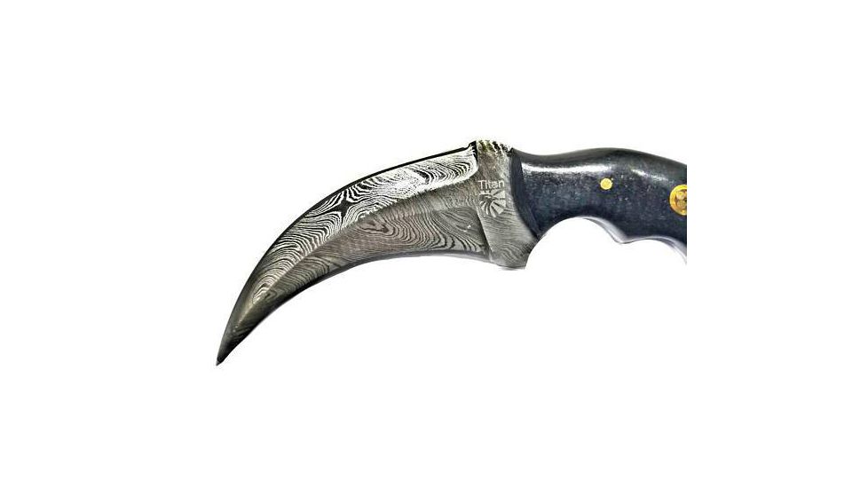Titan International Knives Damascus Karambit With Black Canvas Micarta Scales - Double Edge Karambit, 3.5in Blade, 7.4in TD-197