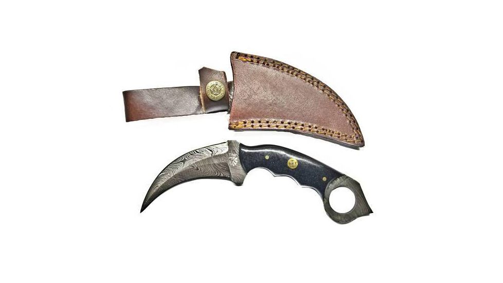 Titan International Knives Damascus Karambit With Black Canvas Micarta Scales - Double Edge Karambit, 3.5in Blade, 7.4in TD-197