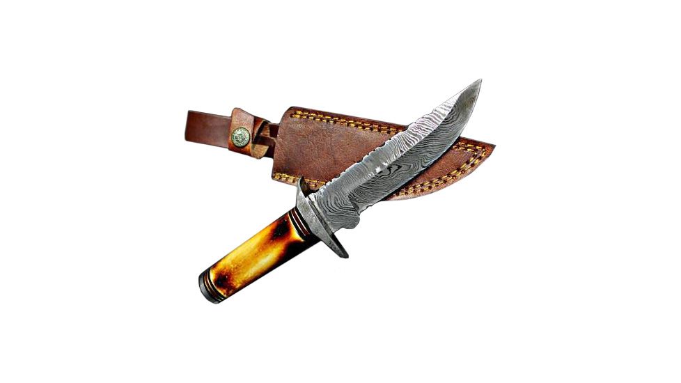 Titan International Knives Damascus Knife / Titan / Camp / Hunting Knife - Burnt Bone Handle, 5.5in Blade, 10in Overall TD-206