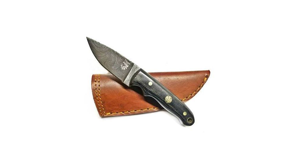 Titan International Knives Damascus Steel Drop Point Knife, Mini Everyday Carry - Micarta Grip, 3.1in Blade, Micarta Handle, 6in TD-202