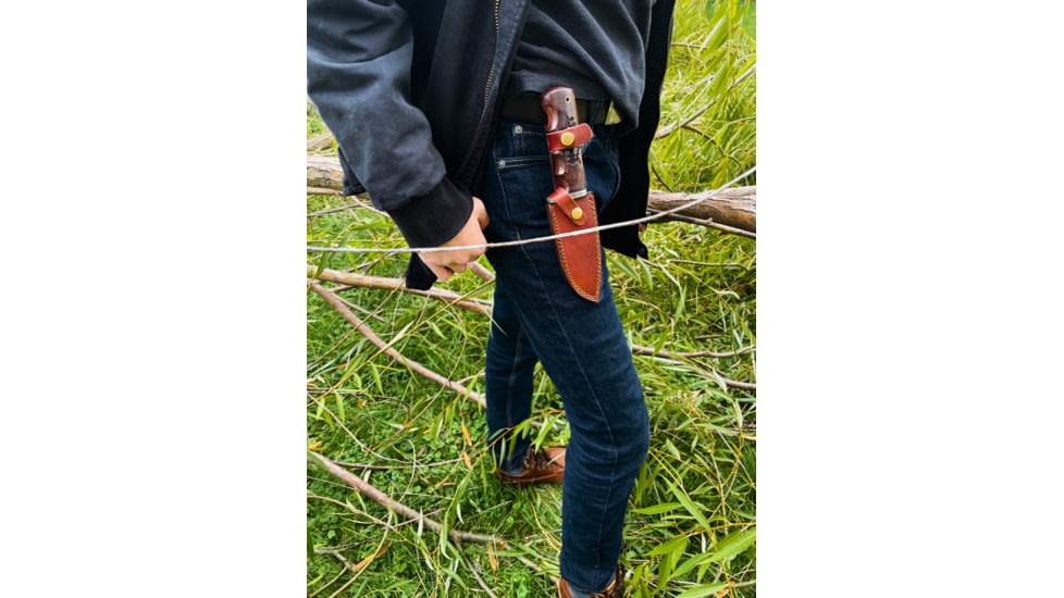 Titan International Knives TD-710 Hunting Fixed Blade Knives, 5in, High Carbon Damascus Steel, Straight Edge, Buck Engraved Walnut Scales Handle, TD-710