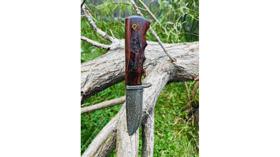 Titan International Knives TD-710 Hunting Fixed Blade Knives, 5in, High Carbon Damascus Steel, Straight Edge, Buck Engraved Walnut Scales Handle, TD-710