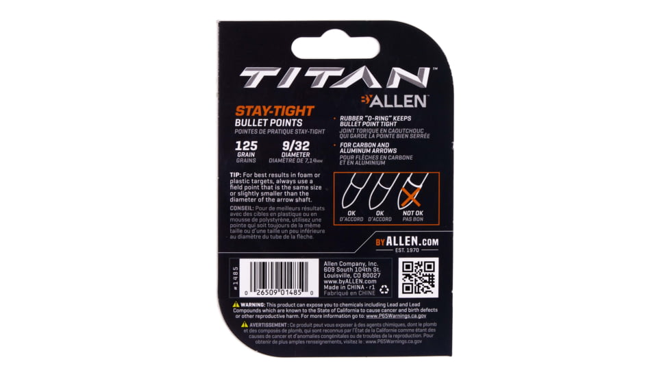 Titan Stay Tight Bullet Point, 6 Pack, 125 Grain, Black, 9/32in, 1485