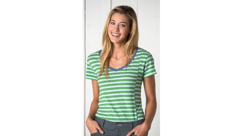 Toad&amp;Co Slubstripe Short Sleeve Vee Tee - Womens-Agave Stripe-Large htd0125-Agave Stripe-Large