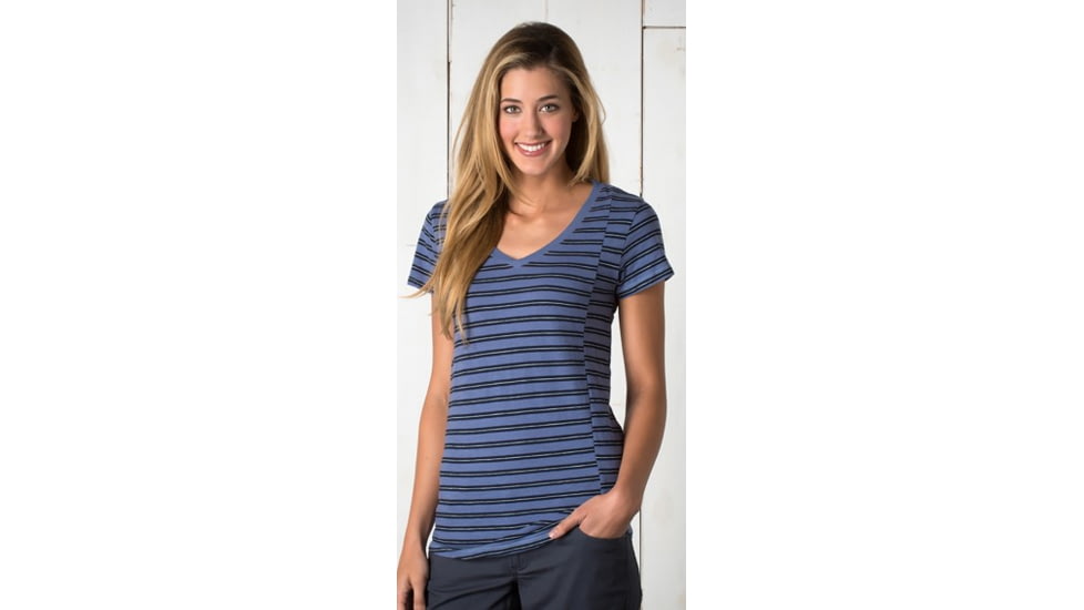 Toad&amp;Co Slubstripe Short Sleeve Vee Tee - Womens-Dusty Indigo Stripe-Large