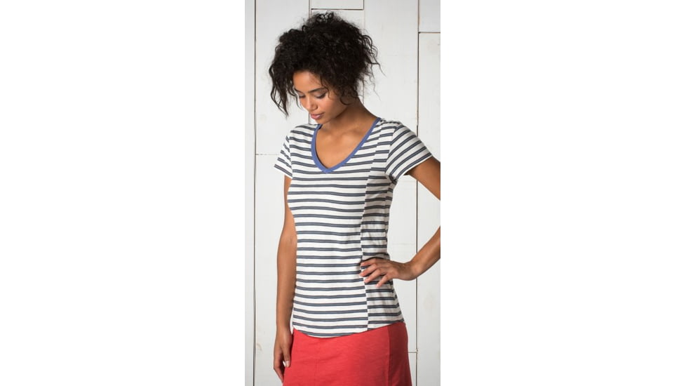 Toad&amp;Co Slubstripe Short Sleeve Vee Tee - Womens-Storm Stripe-Large htd0125-Storm Stripe-Large