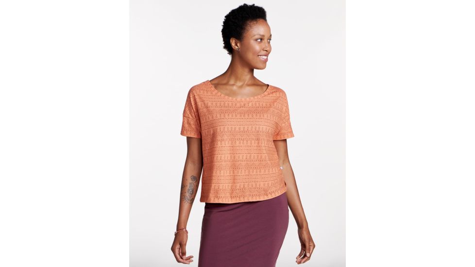 Toad&amp;Co Tissue Crop Womens Short Sleeve Tee, Papaya Geo Seed Print, Large T1002803-605-L