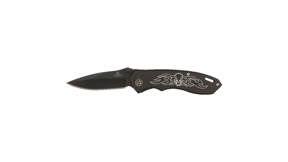Tomahawk Black Onyx Skull Tailwind, 2 1/2in Blade With The Slightest Nudge Of The Thumb Stud, 6061 Anodized Aluminum Handle, UC2801