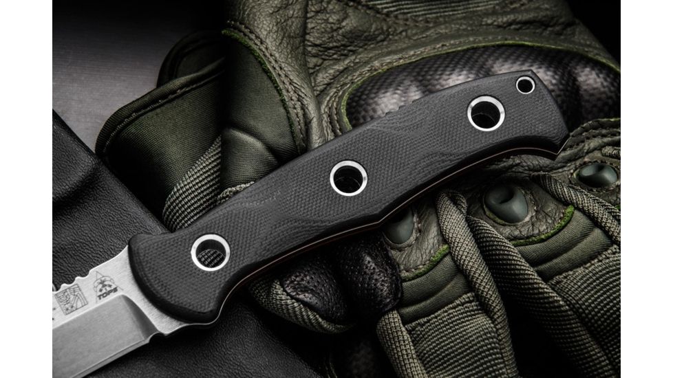 Tops Knives Al Mar Mini Sere Operator, Fixed Blade Knif, 4 in, Tumble Blade Finish, 154cm RC 58-60 Cryo Treated Steel, Black G10 Handle, AMAR-01