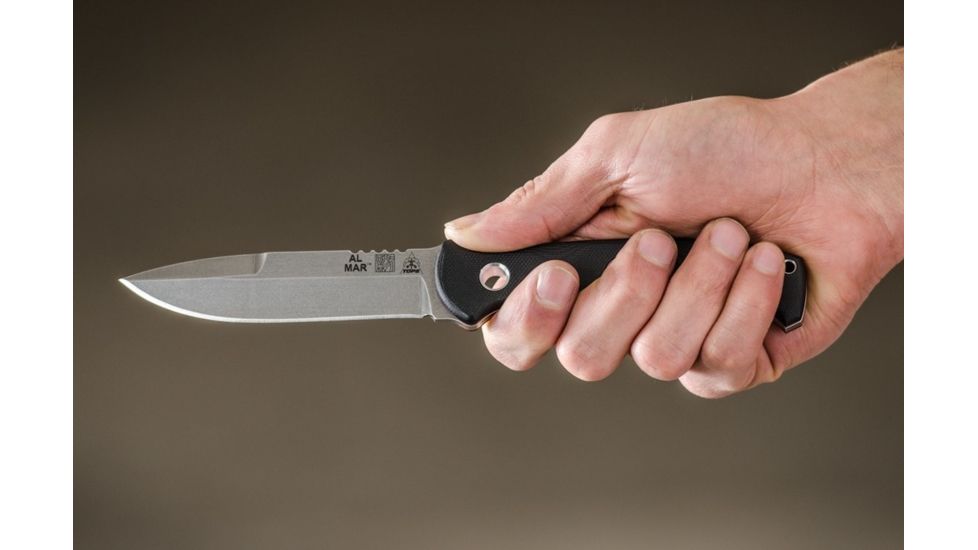 Tops Knives Al Mar Mini Sere Operator, Fixed Blade Knif, 4 in, Tumble Blade Finish, 154cm RC 58-60 Cryo Treated Steel, Black G10 Handle, AMAR-01