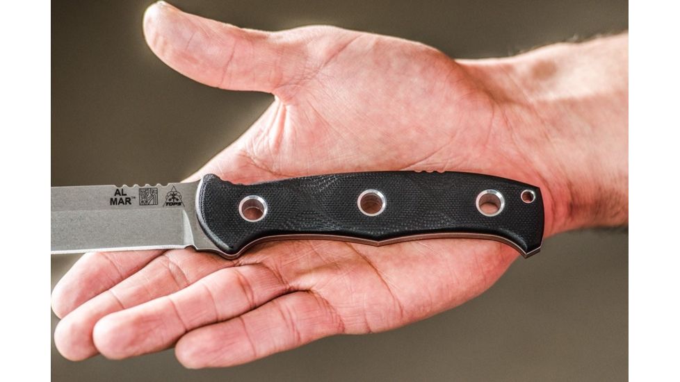 Tops Knives Al Mar Mini Sere Operator, Fixed Blade Knif, 4 in, Tumble Blade Finish, 154cm RC 58-60 Cryo Treated Steel, Black G10 Handle, AMAR-01