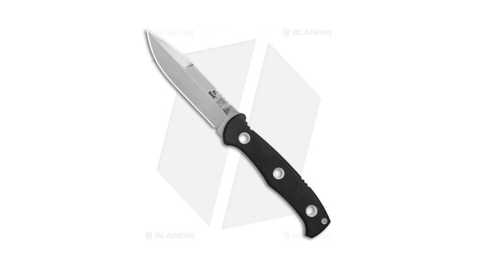TOPS Knives Al Mar Mini SERE Operator Fixed Blade Knife, 4.00in, 154CM, Spear Point Blade, Micarta Black Handle, w/ Sharp Swedge, Gray/Black, 8.75in, BHQ-79741