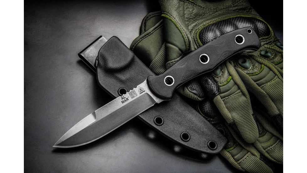Tops Knives Al Mar Mini Sere Operator, Fixed Blade Knif, 4 in, Tumble Blade Finish, 154cm RC 58-60 Cryo Treated Steel, Black G10 Handle AMAR-01