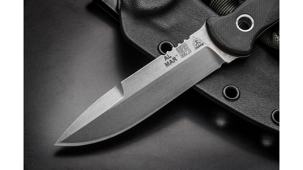 Tops Knives Al Mar Mini Sere Operator, Fixed Blade Knif, 4 in, Tumble Blade Finish, 154cm RC 58-60 Cryo Treated Steel, Black G10 Handle AMAR-01