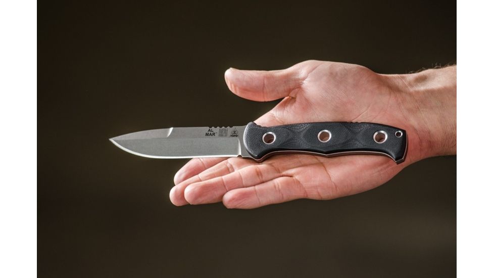 Tops Knives Al Mar Mini Sere Operator, Fixed Blade Knif, 4 in, Tumble Blade Finish, 154cm RC 58-60 Cryo Treated Steel, Black G10 Handle AMAR-01