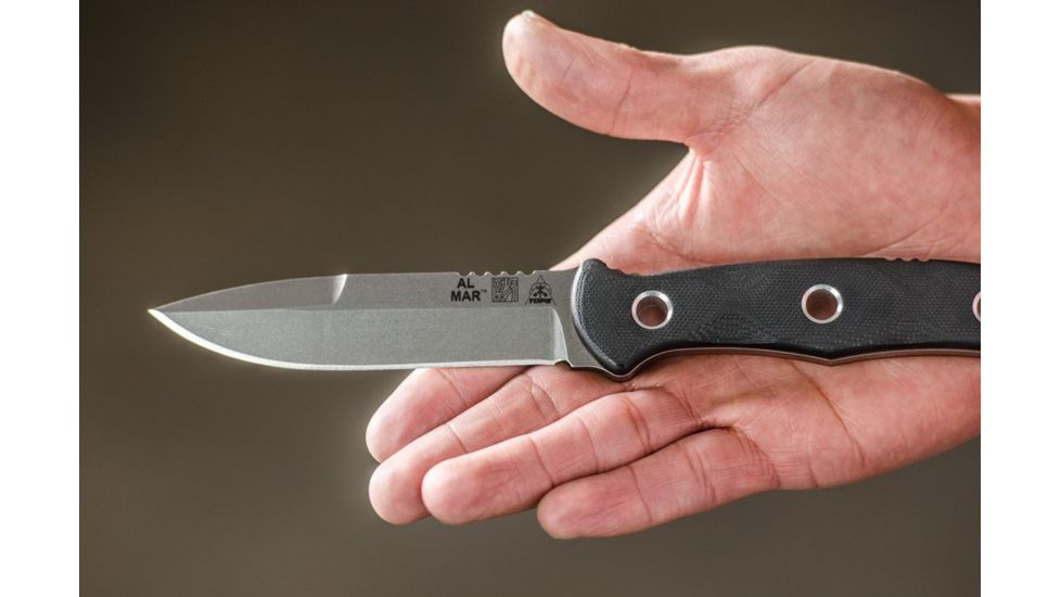 Tops Knives Al Mar Mini Sere Operator, Fixed Blade Knif, 4 in, Tumble Blade Finish, 154cm RC 58-60 Cryo Treated Steel, Black G10 Handle AMAR-01