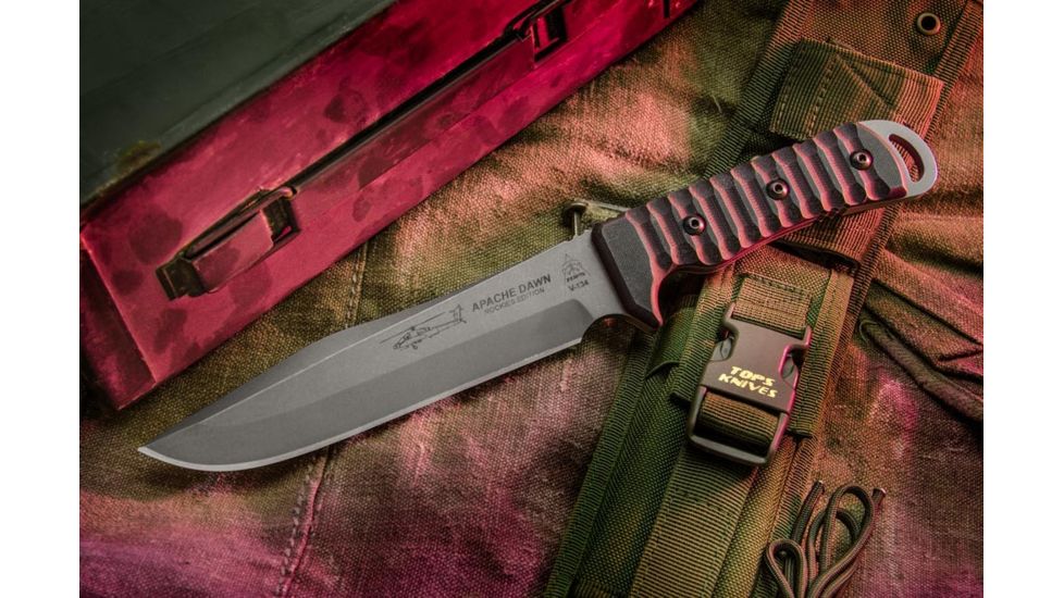 Tops Knives Apache Dawn Rockies Edition Fixed Blade Knife, 6.75 in, Tumble Blade Finish, 1095 RC 56-58 Steel, Black G10 Handle APAD-02