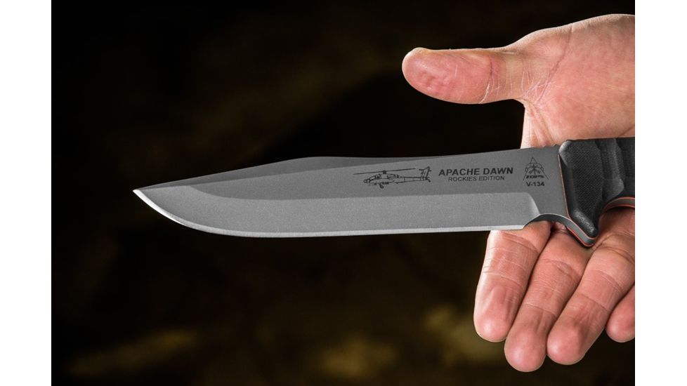 Tops Knives Apache Dawn Rockies Edition Fixed Blade Knife, 6.75 in, Tumble Blade Finish, 1095 RC 56-58 Steel, Black G10 Handle APAD-02