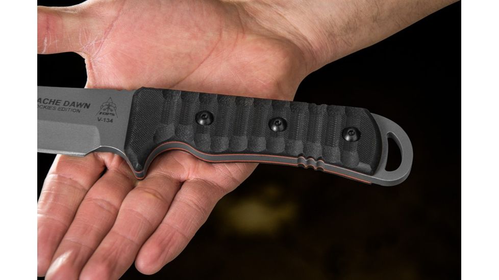 Tops Knives Apache Dawn Rockies Edition Fixed Blade Knife, 6.75 in, Tumble Blade Finish, 1095 RC 56-58 Steel, Black G10 Handle APAD-02
