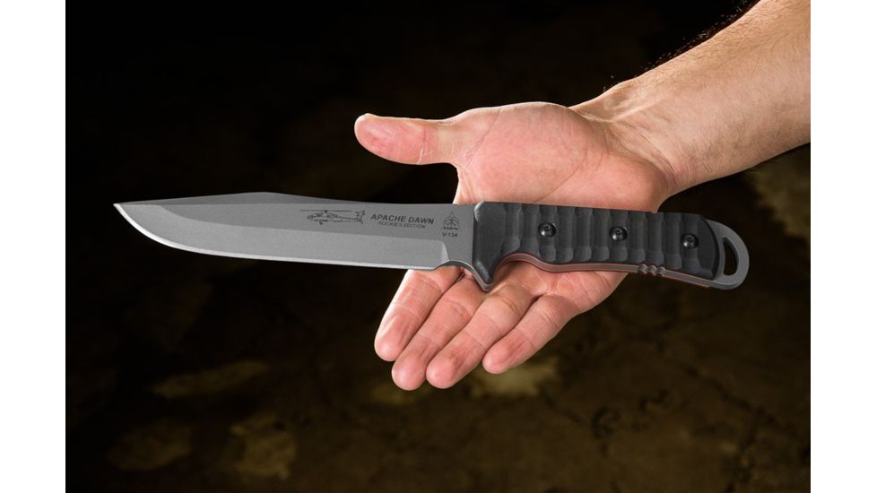 Tops Knives Apache Dawn Rockies Edition Fixed Blade Knife, 6.75 in, Tumble Blade Finish, 1095 RC 56-58 Steel, Black G10 Handle APAD-02