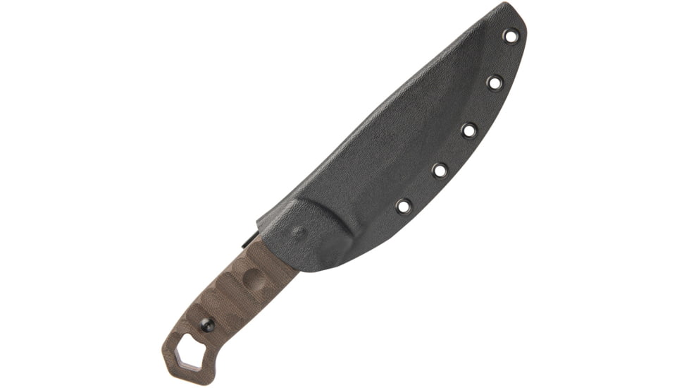 TOPS Knives Brakimo Tungsten Fixed Blade Knife, 10in Overall, 5.25in Gray Tungsten Cerakote 1095HC Steel Blade, Green Canvas Micarta Handle, Kydex Belt Sheath, TPBRAK-02R