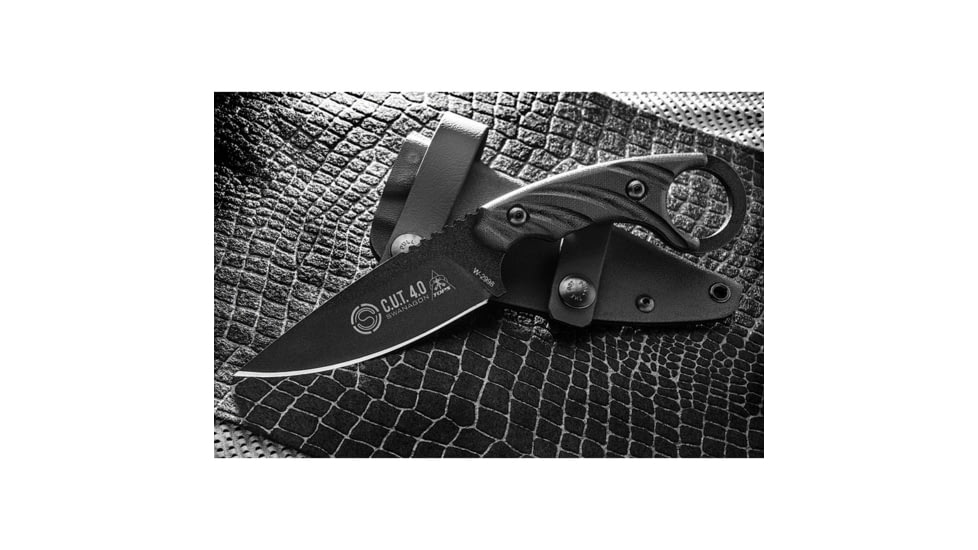 TOPS Knives CUT Combat Utility Tool Knife, 8.5in Overall, 4.25in Black Traction Coated 1095Hc Steel Drop Point, Black Canvas Micarta Handle, Dragonfly Tread Handle, Black Kydex Sheath, CUT-40-A