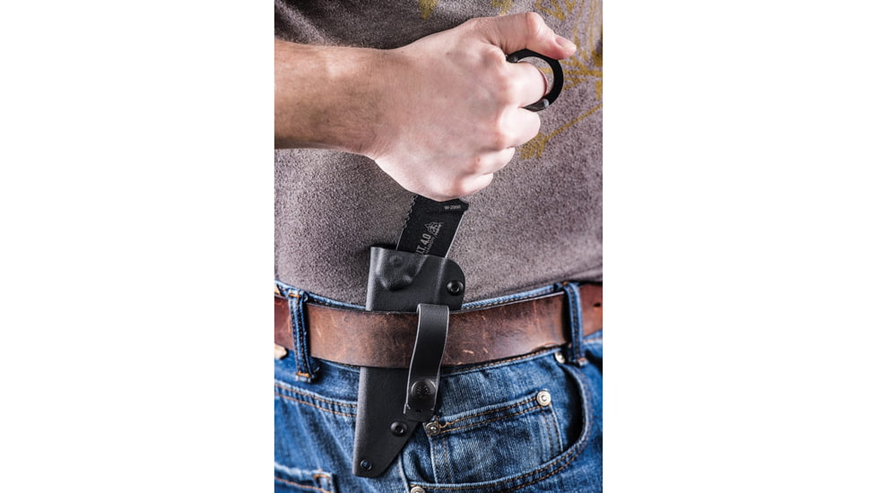 TOPS Knives CUT Combat Utility Tool Knife, 8.5in Overall, 4.25in Black Traction Coated 1095Hc Steel Drop Point, Black Canvas Micarta Handle, Dragonfly Tread Handle, Black Kydex Sheath, CUT-40-A