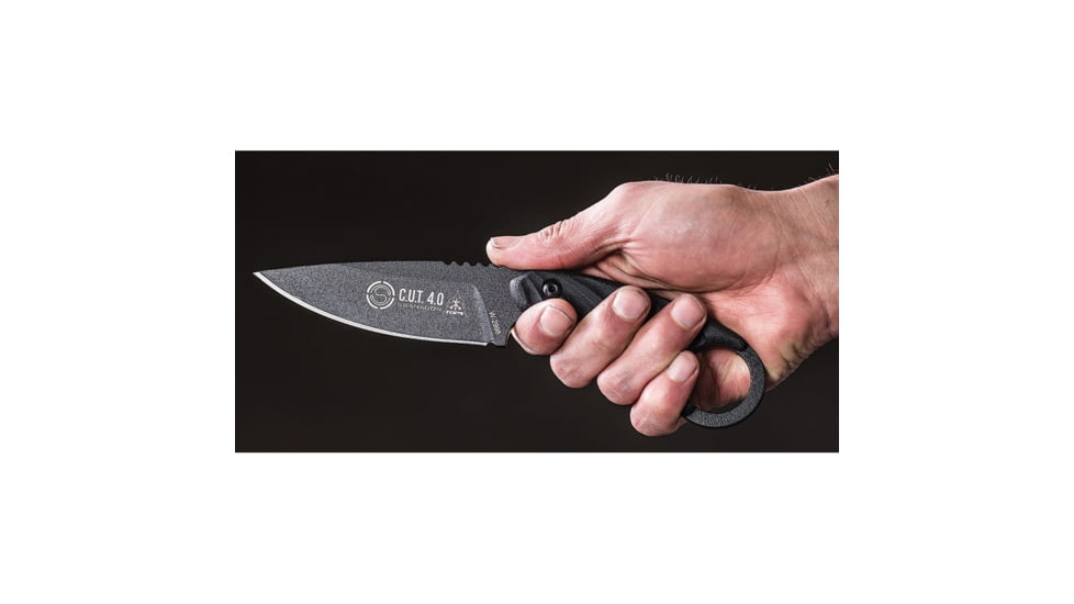 TOPS Knives CUT Combat Utility Tool Knife, 8.5in Overall, 4.25in Black Traction Coated 1095Hc Steel Drop Point, Black Canvas Micarta Handle, Dragonfly Tread Handle, Black Kydex Sheath, CUT-40-A