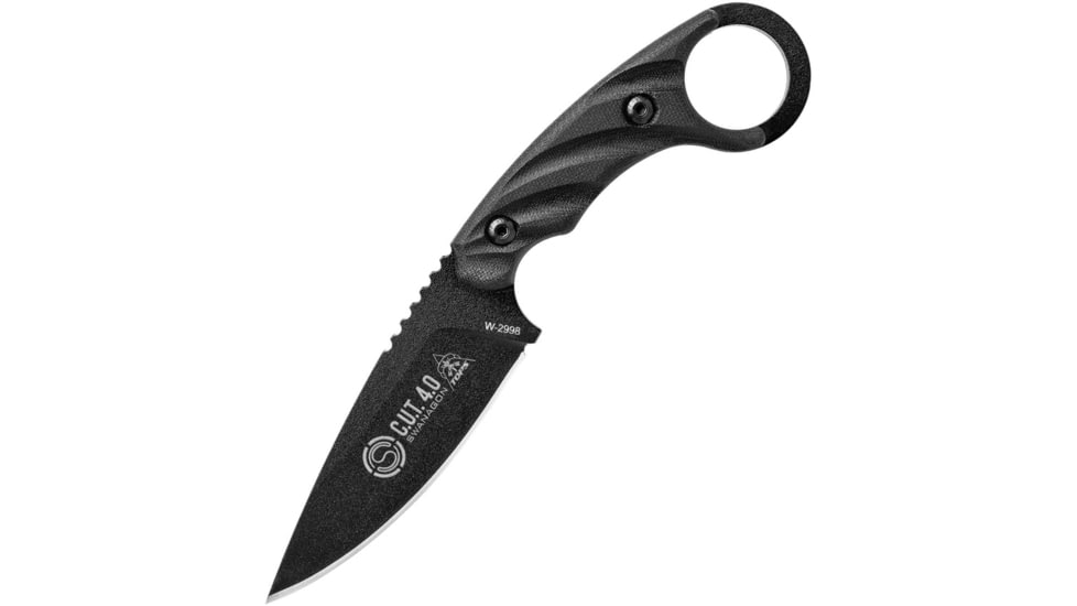 TOPS Knives CUT Combat Utility Tool Knife, 8.5in Overall, 4.25in Black Traction Coated 1095Hc Steel Drop Point, Black Canvas Micarta Handle, Dragonfly Tread Handle, Black Kydex Sheath, CUT-40-A