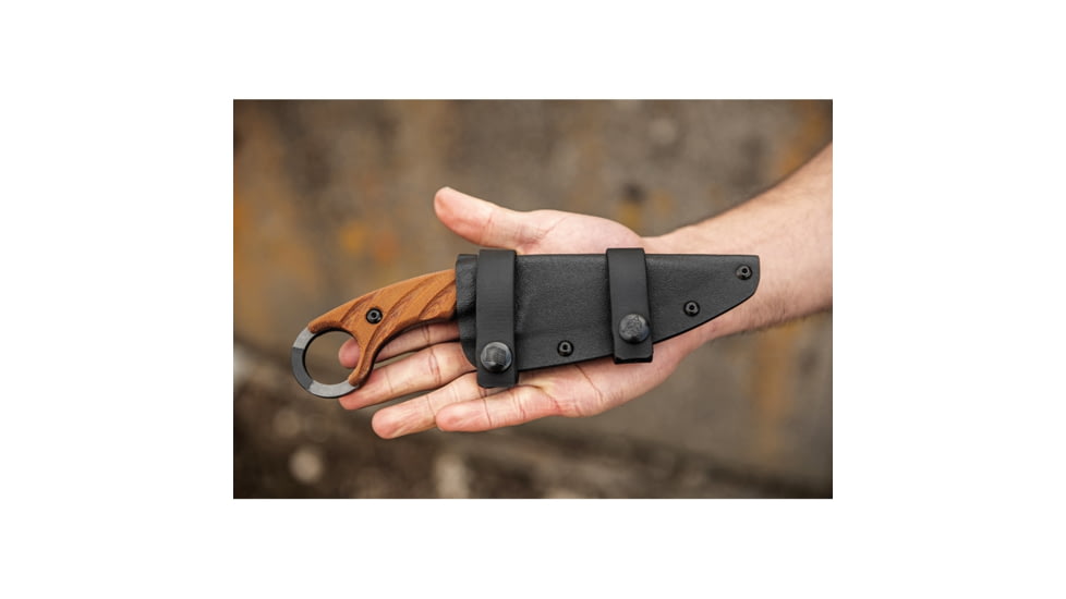 TOPS Knives CUT Combat Utility Tool Knife, 8.5in Overall, 4.25in Camo 1095Hc Steel Blade, Tan Canvas Micarta Handle, Finger Ring, Dragonfly Tread Handle, Black Kydex Sheath, CUT-40-CAMO