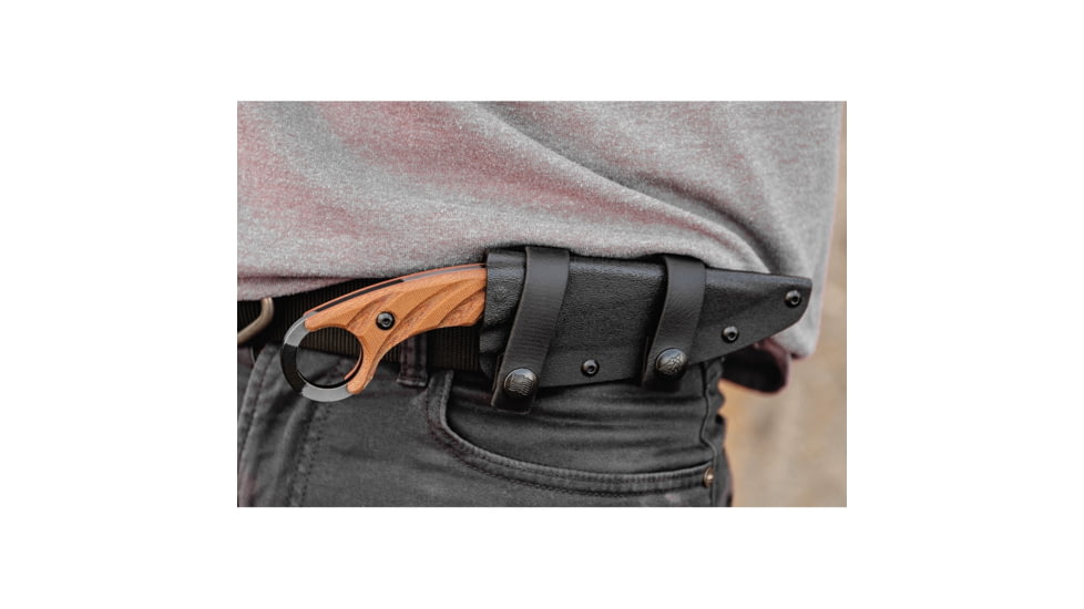 TOPS Knives CUT Combat Utility Tool Knife, 8.5in Overall, 4.25in Camo 1095Hc Steel Blade, Tan Canvas Micarta Handle, Finger Ring, Dragonfly Tread Handle, Black Kydex Sheath, CUT-40-CAMO