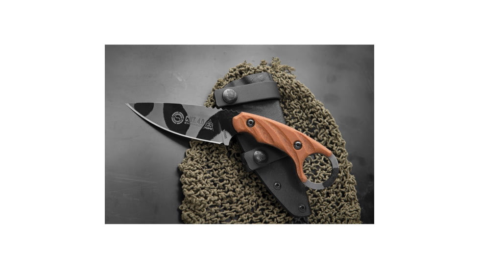 TOPS Knives CUT Combat Utility Tool Knife, 8.5in Overall, 4.25in Camo 1095Hc Steel Blade, Tan Canvas Micarta Handle, Finger Ring, Dragonfly Tread Handle, Black Kydex Sheath, CUT-40-CAMO