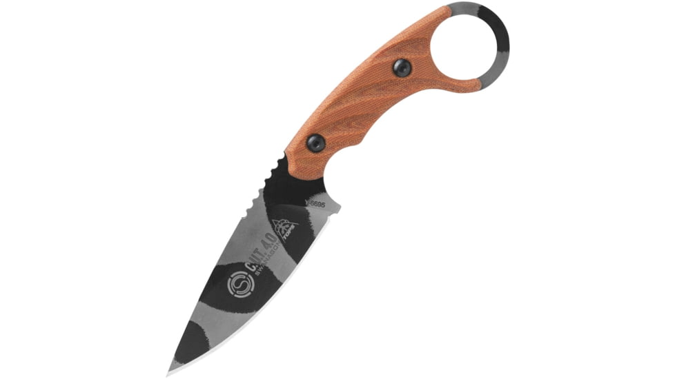TOPS Knives CUT Combat Utility Tool Knife, 8.5in Overall, 4.25in Camo 1095Hc Steel Blade, Tan Canvas Micarta Handle, Finger Ring, Dragonfly Tread Handle, Black Kydex Sheath, CUT-40-CAMO