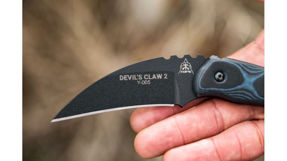 TOPS Knives Devil's Claw 2 Fixed Blade Knife, 3.13in, 1095 Carbon Steel Blade, Blue/Black G10 Handle, DEVCL-02
