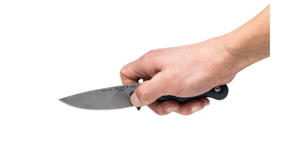 TOPS Knives Dicer 3 Paring Kitchen Knife, 3.5in, CPM S35Vn Steel, Drop Point, Black Canvas Micarta/Blue-Black G10 Handle DCR3-01