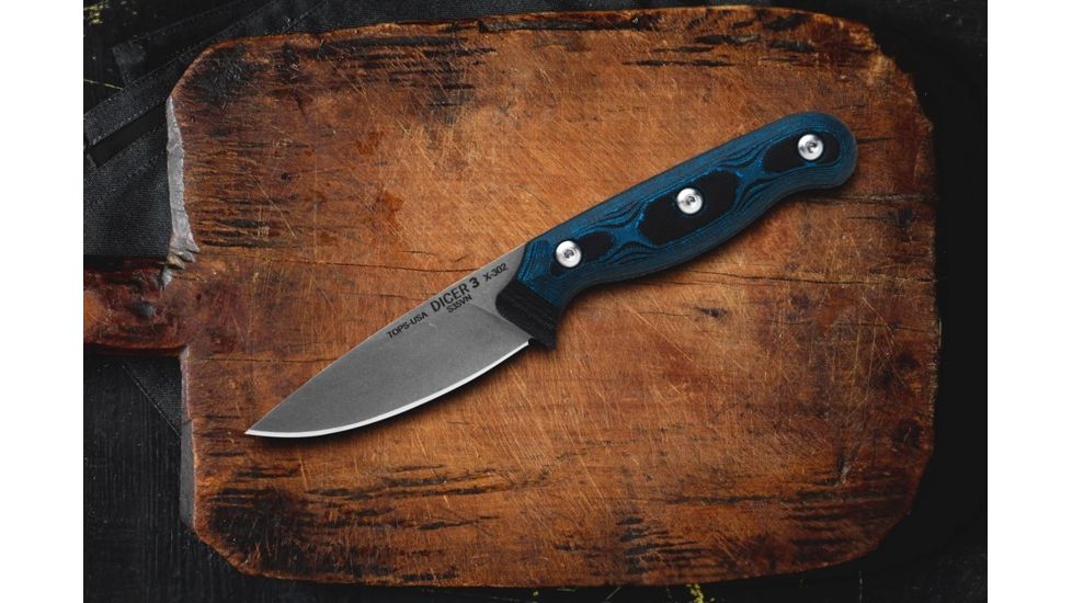 TOPS Knives Dicer 3 Paring Kitchen Knife, 3.5in, CPM S35Vn Steel, Drop Point, Black Canvas Micarta/Blue-Black G10 Handle DCR3-01