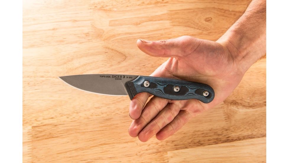 TOPS Knives Dicer 3 Paring Kitchen Knife, 3.5in, CPM S35Vn Steel, Drop Point, Black Canvas Micarta/Blue-Black G10 Handle DCR3-01